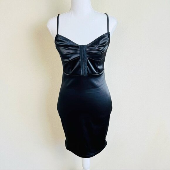NWOT Black Satin Hook & Eye Corset Ruched Mini Dress - Picture 2 of 10